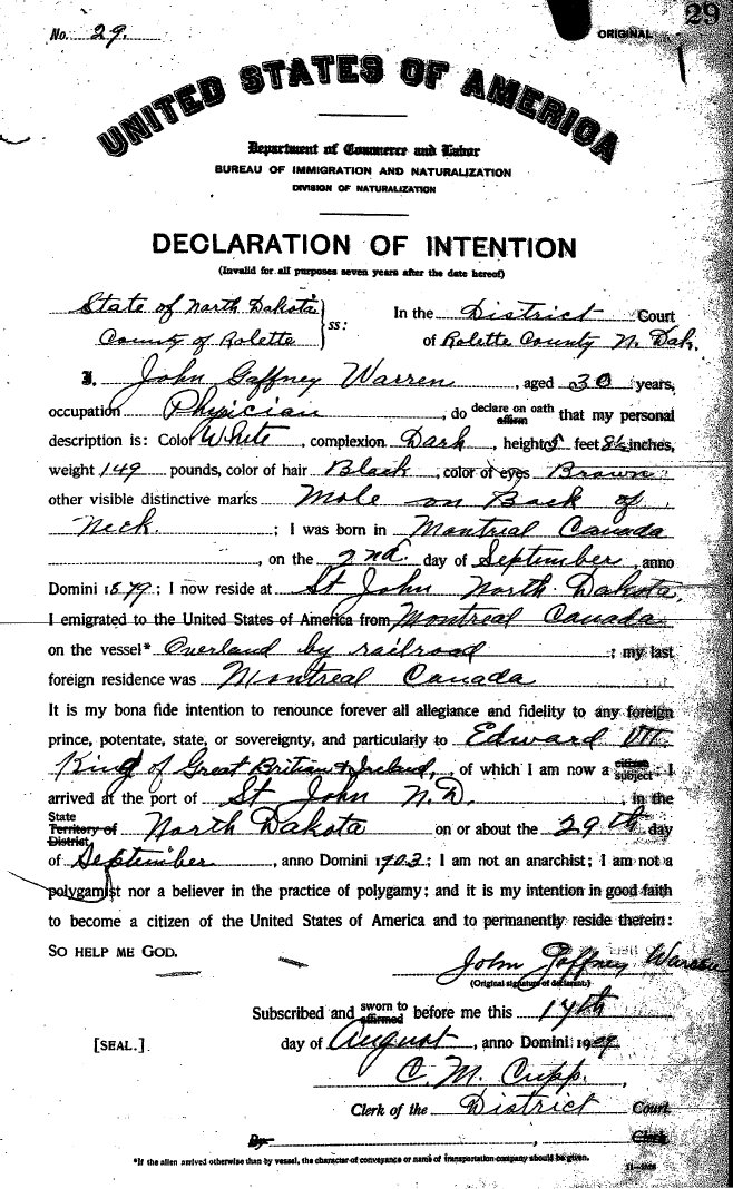 John. G. Warren US Naturalization Document